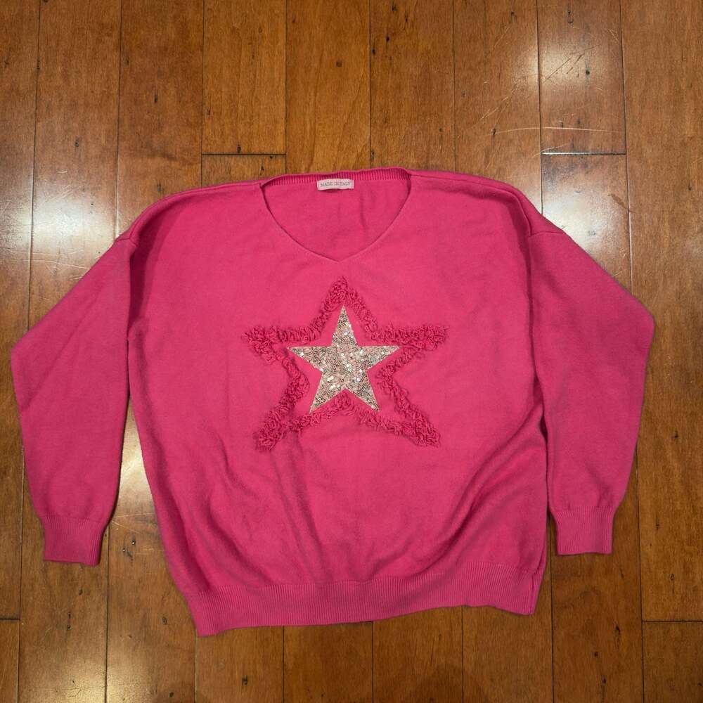 Made in Italy V-Neck Sequin Star Fringed Sweater